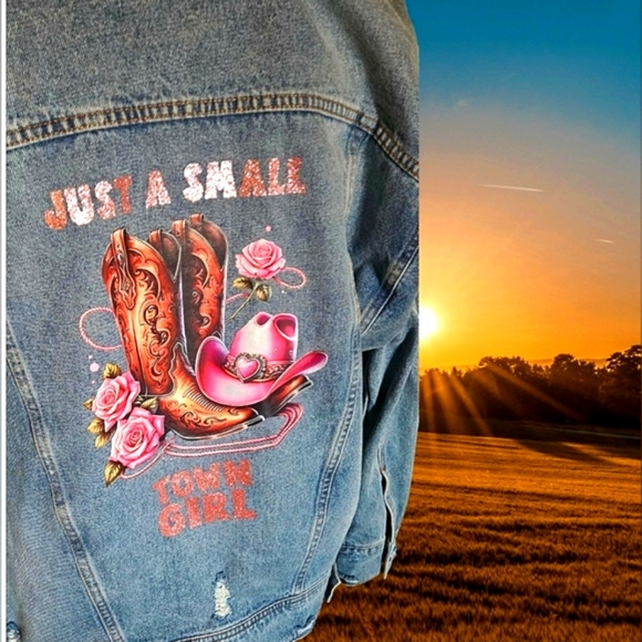 Denim Jacket with Graphic Tee. Small Town Girl On Back. Hand Made Necklace - Picture 1 of 8